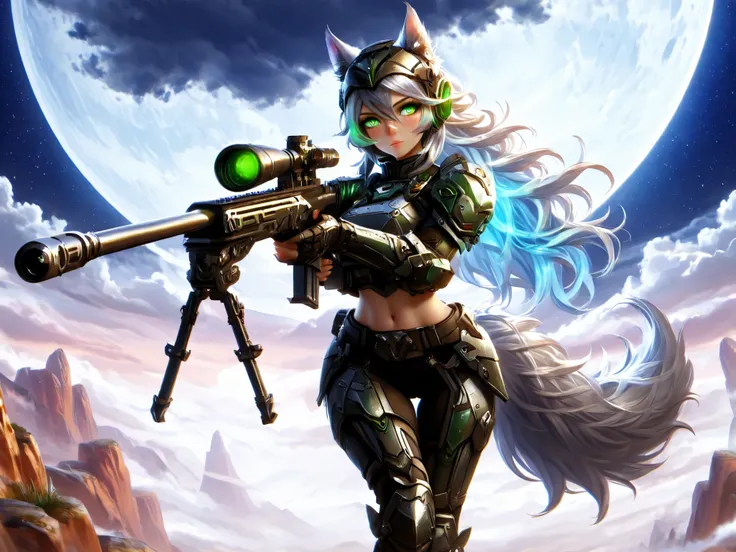 Masterpiece, best quality, amazing quality, absurdres, very aesthetic, lazypos, 3D, 1 woman, (woman , tall, slim, medium-big chest, large hip, silver long hair, fluffy hair, wolf ears, fluffy ears, wolf eyes, fluffy tail, clear skin), smooth natural moonli...