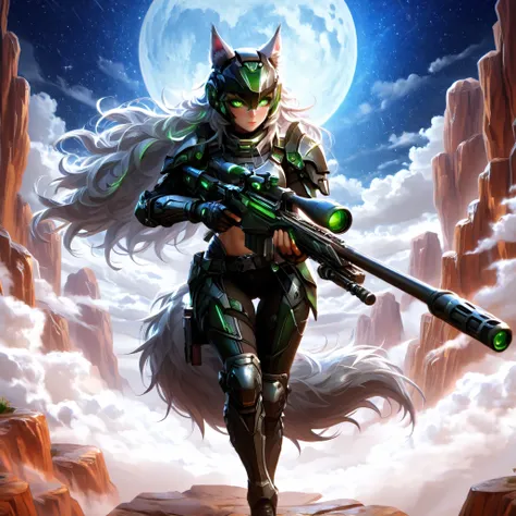 Masterpiece, best quality, amazing quality, absurdres, very aesthetic, lazypos, 3D, 1 woman, (woman , tall, slim, medium-big chest, large hip, silver long hair, fluffy hair, wolf ears, fluffy ears, wolf eyes, fluffy tail, clear skin), smooth natural moonli...