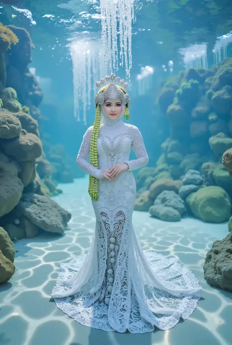 Underwater display, Beautiful Mermaid Hijab, Underwater Wedding Decoration, Underwater palace, Unique Underwater Wedding Party,8k,karya agung,ultra-detailed,photorealistic,hdr , underwater lighting,bright colors, bokeh ,lanskap,Fantasy scene,profesional,d...