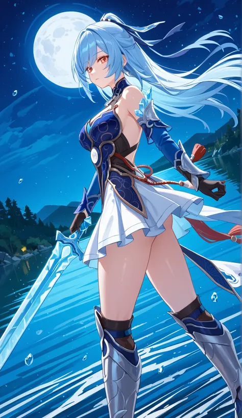 nsfw,Jingliu,glass cover,alternate color,masterpiece,detailed illustration,lifelike,side shot,{{{1Jingliu}}},1 ice sword,shiny beautiful woman,cinematic lighting,dynamic angle,dynamic pose,depth of field,1girl,red eyes,glowing eyes,blue armored dress,white...