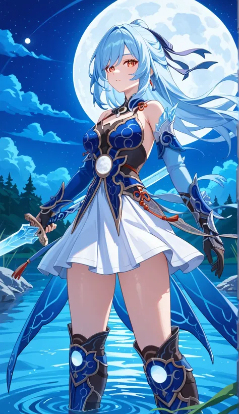 nsfw,Jingliu,glass cover,alternate color,masterpiece,detailed illustration,lifelike,side shot,{{{1Jingliu}}},1 ice sword,shiny beautiful woman,moon light lighting,dynamic angle,dynamic pose,depth of field,1girl,red eyes,glowing eyes,blue armored dress,whit...