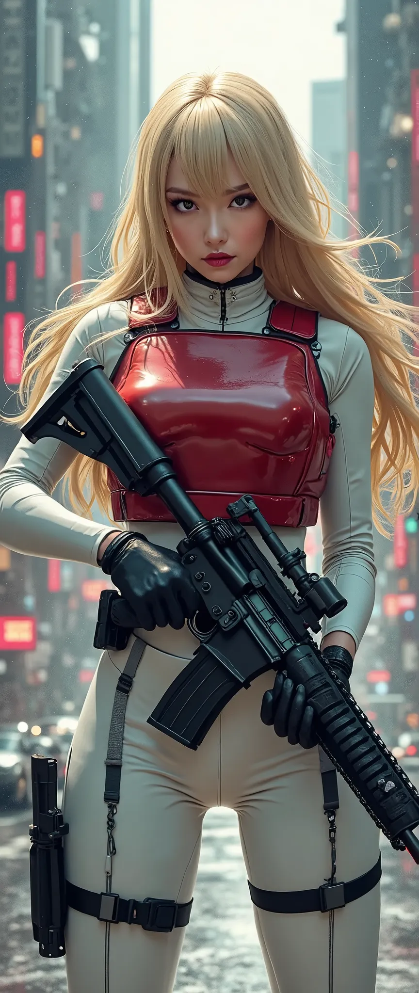 (masterpiece、  exceptional quality 、 Like a mirror 、  cinematic experience  、 insanely detailed、 No sword)、8k、wallpaper、 (BEST ILLUSTRATION:2.0)、 (one girl:2.0)(  Ghost in the Shell worldview:2.0)、  Gunfight、 (pointing a red laser pointer at a white tactical bodysuit:2.0)、 (heavy red bulletproof vest:2.0)、 (black gloves:2.0)、 (LONG BLONDE HAIR:2.0)、 ( facial details )、 (female hand-drawn details:2.0)、 (M-16 Facing:2.0)、 (The background is Tokyo with science and technology)Phenomenon :2.0)、 M-16 shooting assault rifle building while、(with a laser pointer attached under the muzzle of an M-16 assault rifle:2.0)、(M-16 assault rifle shooting:2.0)full body highdefinition picture。