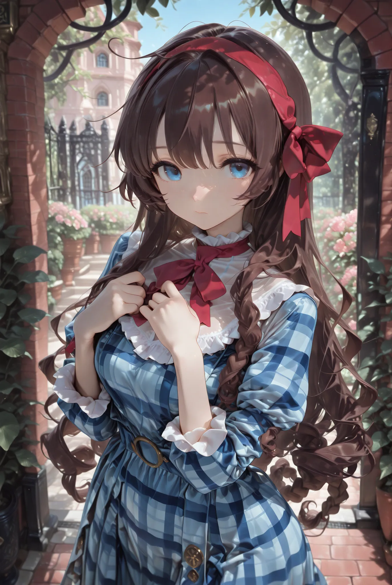 1girl, Dorothy gale, very long brown hair, long curly hair, red headband, two big low braided hair, light blue tartan dress, blue eyes, garden background, soft droopy eyes (masterpiece:1.2), (best quality:1.2), (very aesthetic:1.2), (absurdres:1.2), (detai...
