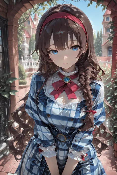 1girl, Dorothy gale, very long brown hair, long curly hair, red headband, two big low braided hair, light blue tartan dress, blue eyes, garden background, soft droopy eyes (masterpiece:1.2), (best quality:1.2), (very aesthetic:1.2), (absurdres:1.2), (detai...