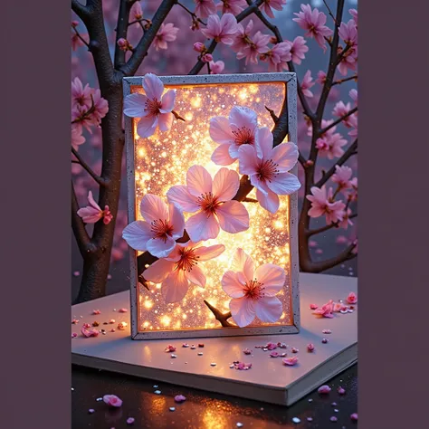 A postcard placed on a flat surface, featuring a macro artstyle design of glowing sakura flowers in full bloom on the card front, soft depth of field on the card design, petal colors in pink, white, lavender, and pale gold, radiant glow on floral elements,...