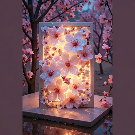 A postcard placed on a flat surface, featuring a macro artstyle design of glowing sakura flowers in full bloom on the card front, soft depth of field on the card design, petal colors in pink, white, lavender, and pale gold, radiant glow on floral elements,...