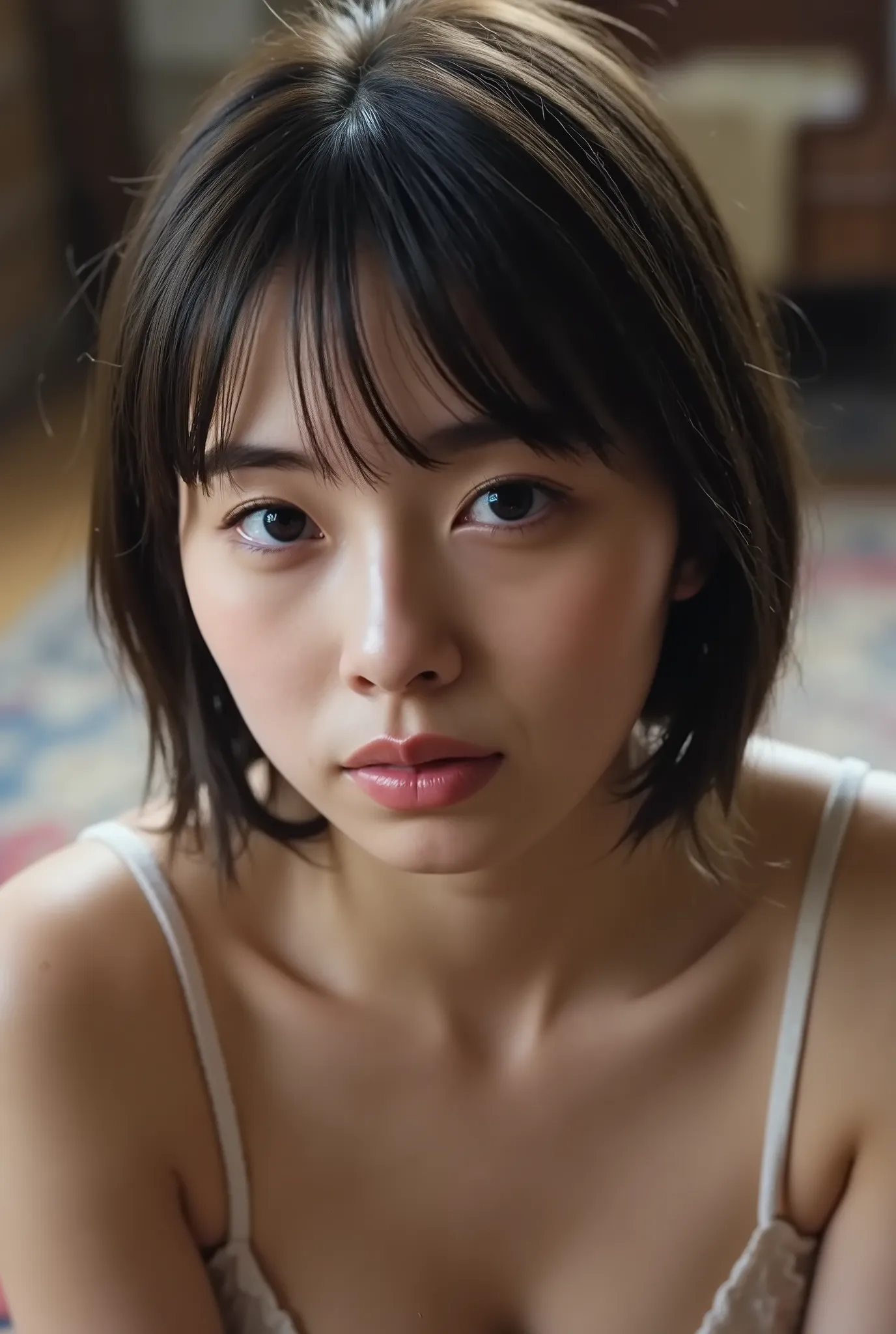 (( Highest Quality , 8K Photo )), ((masterpiece)), ( details) , woman lies on her back , ( Having Sex In The Bedroom, completely naked),((( extremely large breasts , completely naked, short bob in a medieval castle, black hair))), (( unad...