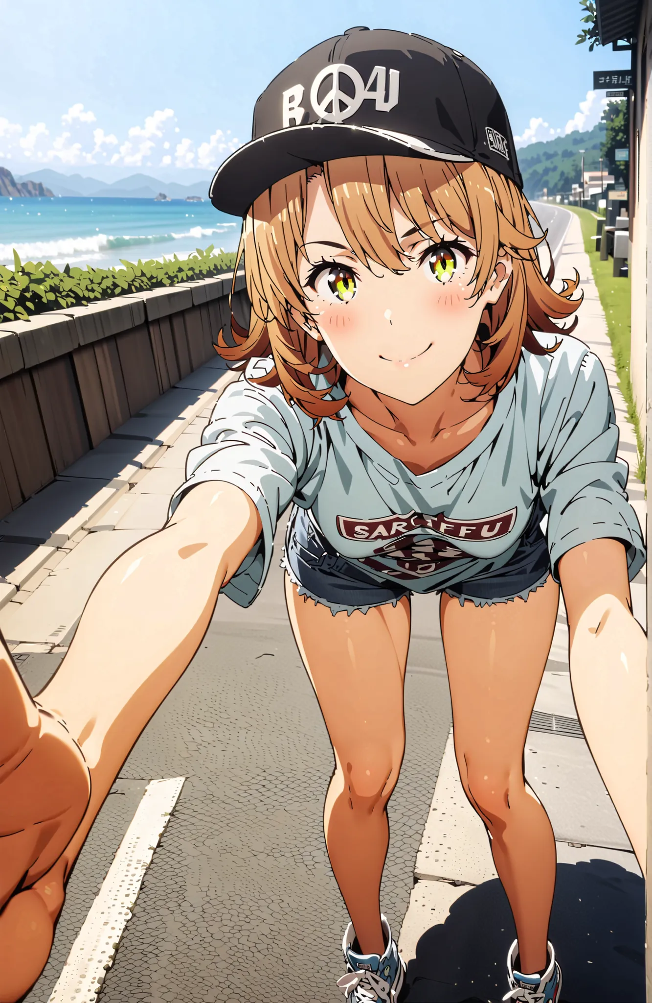 Iroha Isshiki,half up do,short hair,oversized t-shirt,denim micro shorts,Bare legs,sneakers,Baseball hats,standing,bending forward,peace sign,smile,blush,grinning,Beautiful Scenery, Beautiful Streetscapes,Daytime summer,,in their 40s outdoors,Coastal Road,...