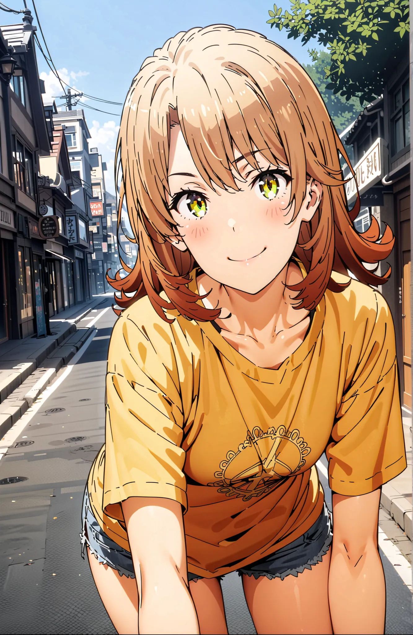Iroha Isshiki,half up do,short hair,oversized t-shirt,denim micro shorts,Bare legs,sneakers,Baseball hats,standing,bending forward,peace sign,smile,blush,grinning,Beautiful Scenery, Beautiful Streetscapes,Daytime summer,,in their 40s outdoors,Coastal Road,...