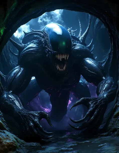Extreme distortion of wide-angle perspective, low angle, looking up, 8k resolution,airwoodartai. The final full—length antagonist is a huge terrifying xenomorph covered in vile slime, an alien monster inspired by the aesthetics of Alien. Hyper-realistic, d...