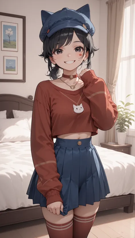 check_9 , check_8_up , check_7_up , masterpiece , better quality , imtdmitahas , 1girl , very sexy, erotica, Cat smile, Good view, cheerful, has , blue headdress , x} fringes , black hair , pleated skirt ,  stockings ,  red sweater , blue skirt , long slee...