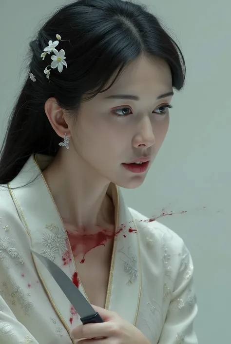 Very beautiful woman, woman luxury white kimono, woman knife, woman cut throat male by knife, a male blindfold, male neck bloody splash, woman kill male