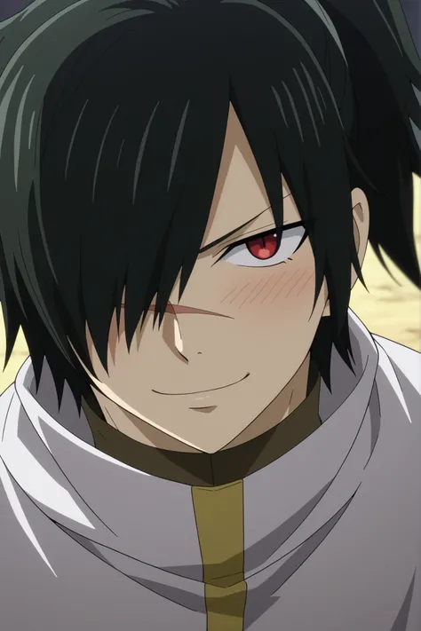 rogue_cheney, black hair, red eyes, hair over one eye, scar tattoo close-up, official style, anime screencap, 8K, extremely detailed, 1boy, solo, looking at viewer, black background , shadow , dynamic angle , dynamic action , atmospheric perspective , intr...