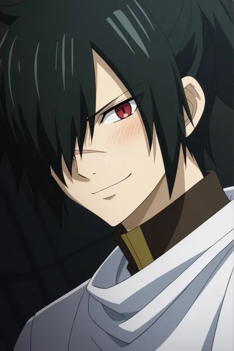 rogue_cheney, black hair, red eyes, hair over one eye, scar tattoo close-up, official style, anime screencap, 8K, extremely detailed, 1boy, solo, looking at viewer, black background , shadow , dynamic angle , dynamic action , atmospheric perspective , intr...