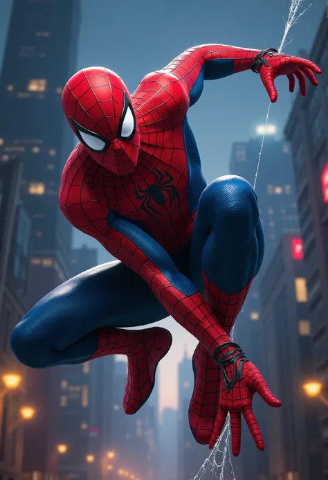 Spider-Man, full-body portrait, web-slinging action pose, dynamic mid-air web shooting, detailed facial features, intense expression, muscular build, red-and-blue suit, web-shooter gauntlets, city skyline background, night scene, glowing city lights, drama...
