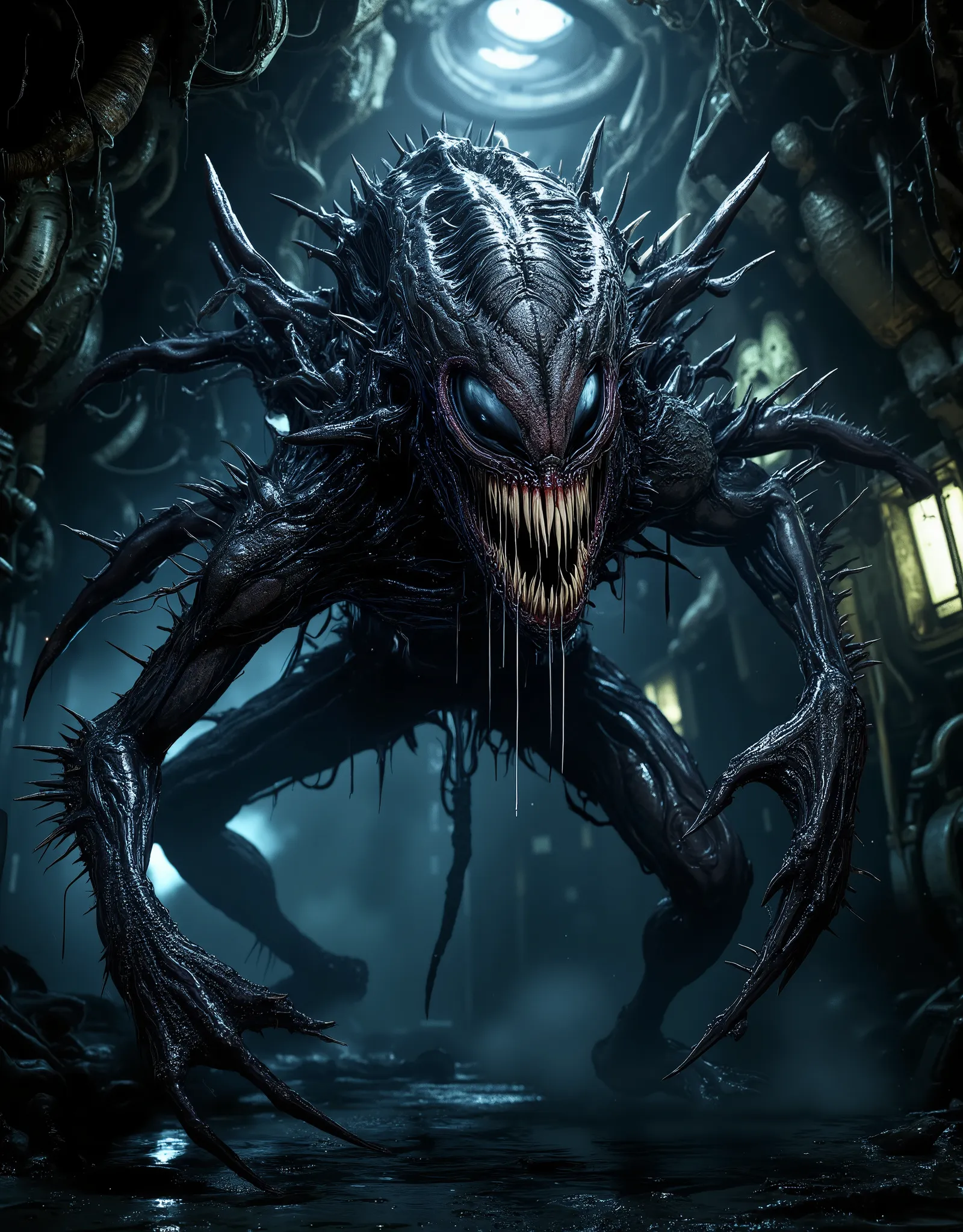 Extreme distortion of wide-angle perspective, low angle, looking up, 8k resolution,airwoodartai. The final full—length antagonist is a huge terrifying xenomorph covered in vile slime, an alien monster inspired by the aesthetics of Alien. The double-jawed m...