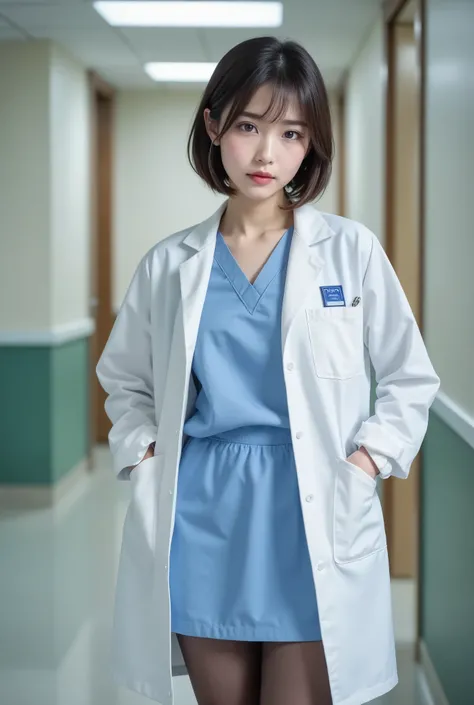 realistic、high image quality、Sharp details、8K、1 woman、7、full body shot、Full Body1.5、has a sense of dynamism、hospital hallway、Female genius surgeon wearing a white coat、she has her hands in her white coat pocket、has absolute confidence in her arms and is su...