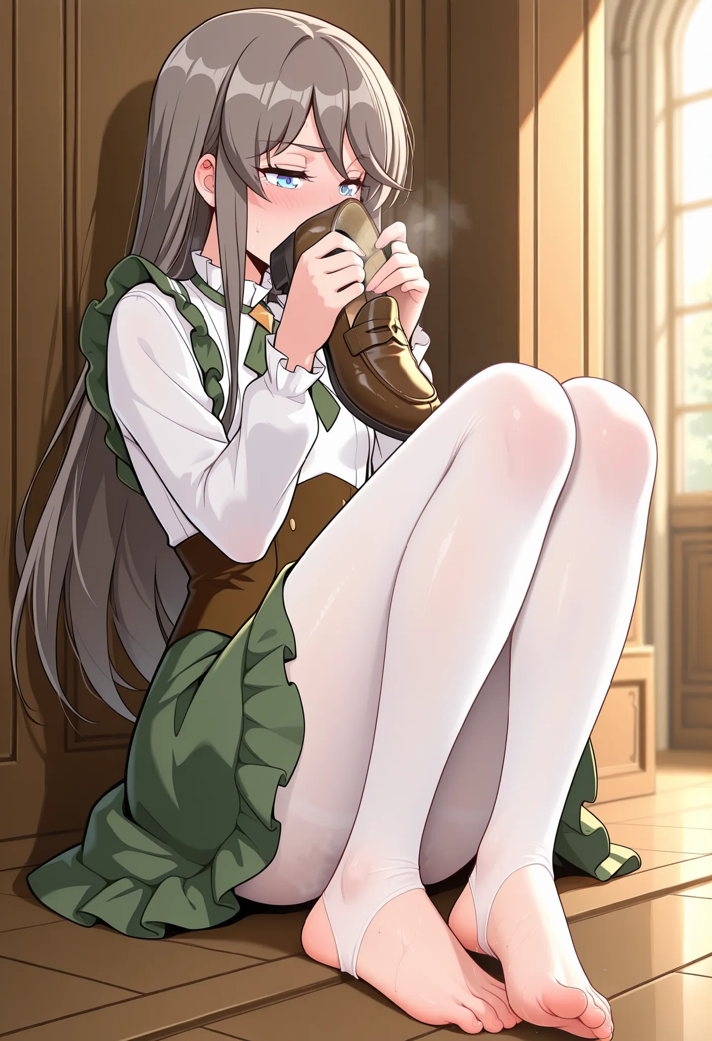 BREAK masterpiece, best quality), amazing quality, absurdres, highres, newest, HDR, 8K, tilly_wimbledon, grey hair, long hair, blue eyes, two-tone dress, frills, long sleeves, brown corset, green neckerchief, loafers, white pantyhose, smelling_own_shoe, ho...