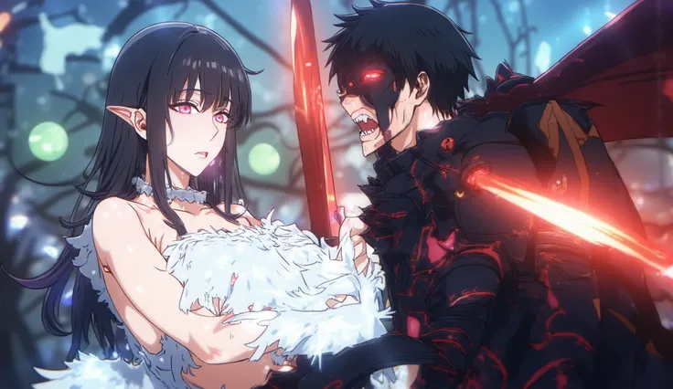 A dark fantasy anime scene featuring a powerful male demon with glowing red eyes, black spiky hair, and crimson markings on his body, wearing black armor. He is holding a red glowing dagger, threatening a wounded female character with long black and blue g...