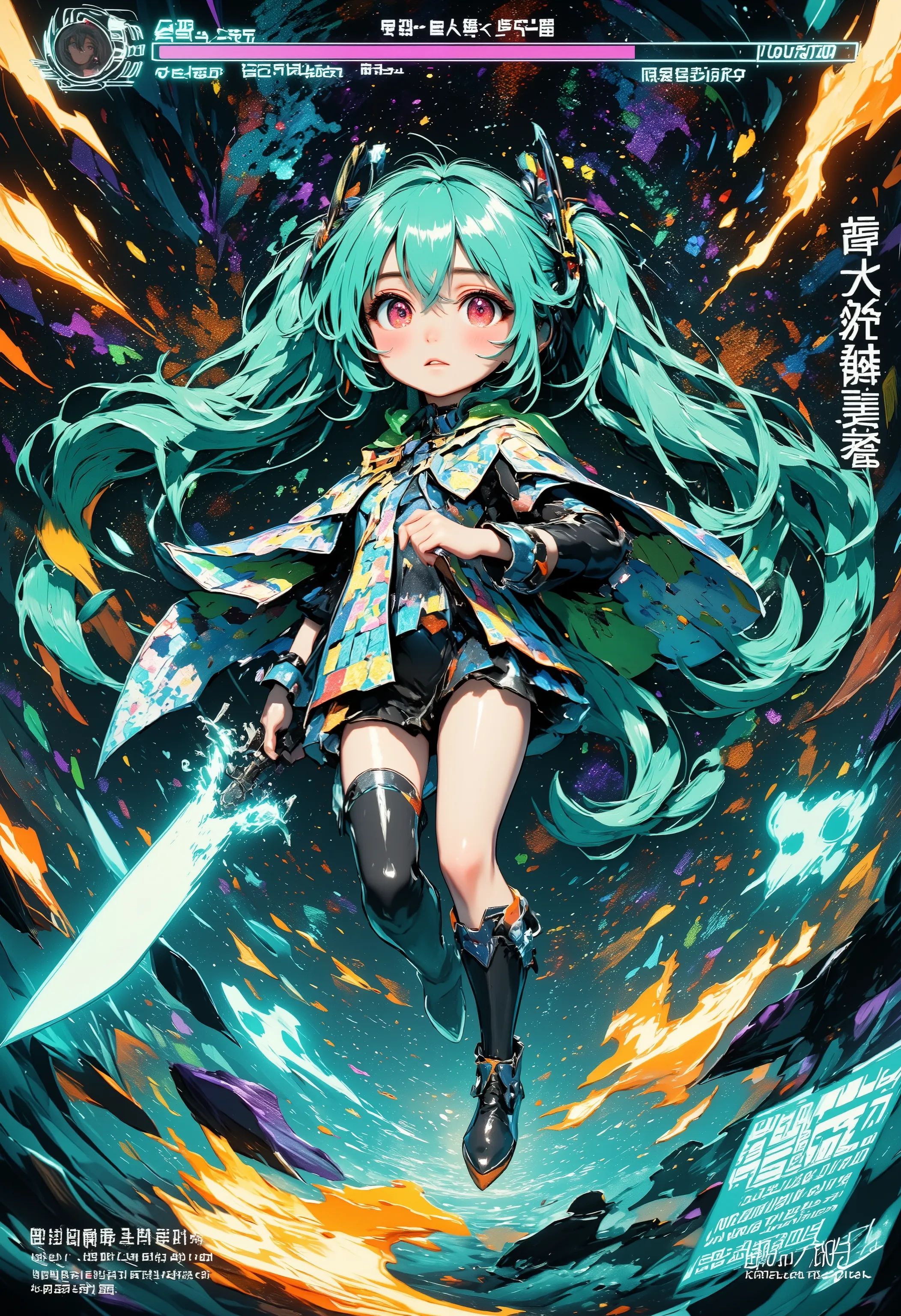"8-bit pixel art style, Hatsune Miku as digital realm overlord, glowing green twin tails with data-stream pixel gradient, CRT screen red eyes, wielding giant pixelated sawtooth blade, wearing mosaic block cloak, floating above binary code abyss, retro game...