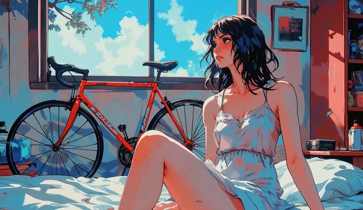 masterpiece, high quality, 4k, best quality, dynamic lighting, first-person view, Anime style scene from a first-person perspective. A tall young woman with dark long hair, wearing a thin white nightgown, sits beside the viewer on a bed. Morning sunlight s...