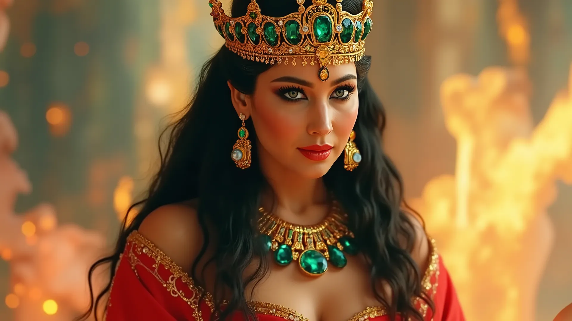 In a vibrant, surreal style, Cleopatra is depicted as a divine Egyptian queen, illuminated by soft, ethereal lighting that casts a warm glow over her figure. She gazes intently with striking emerald eyes, her makeup accentuating her regal allure. Adorned ...