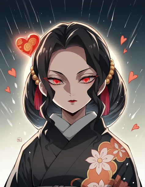 score_9, score_8_up, score_7_up, source_anime,
 Muzan Kimaitsuji, 
 Muzan Kimaitsuji, black hair, hair accessory, Red Eyes,  red lips,
 kimono, wide sleeve, object, band, heart, Floral, black object,
solo, best quality, super fine, 16k, incredibly absurdre...