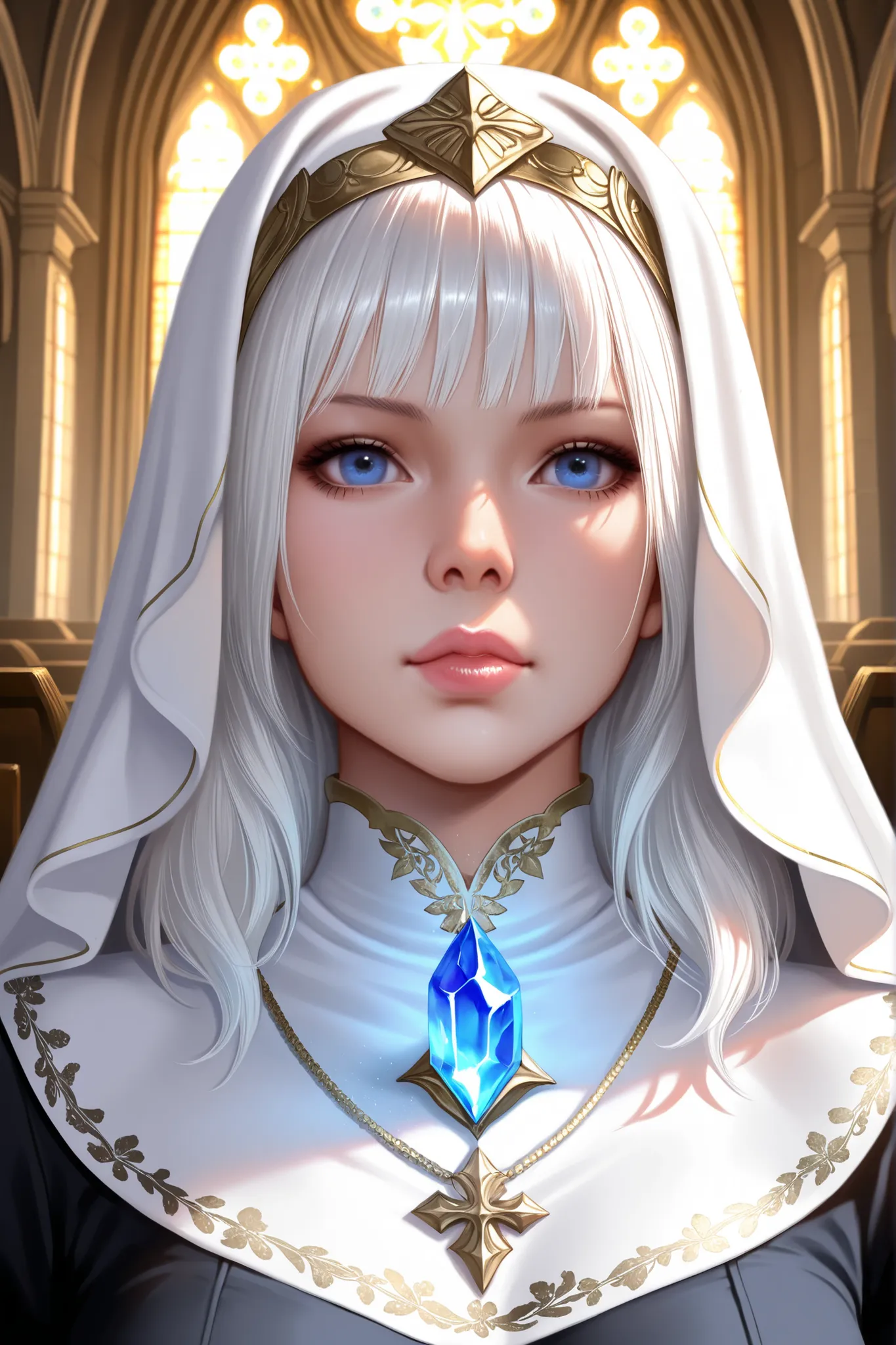 Realistic Style, High Quality, beautiful woman from video game Devil May Cry, Long white hair with bangs framing her face, porcelain skin, slender built, bright enchanting blue eyes, sweet lips, wearing nun outfit, a necklace with a blue crystal, atomspher...