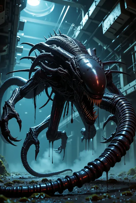 Extreme distortion of wide-angle perspective, low angle, looking up, 8k resolution,airwoodartai. The final full—length antagonist is a huge terrifying xenomorph covered in vile slime, an alien monster inspired by the aesthetics of Alien. The double-jawed m...