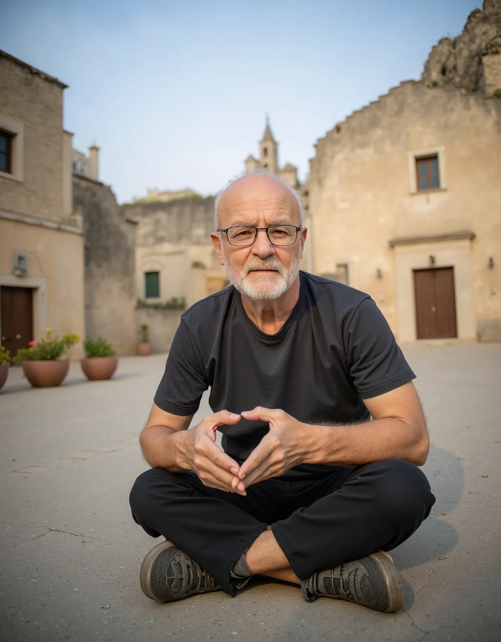 In a stunning hyperrealistic scene , an elder man with bright brown eyes sitting cross-legged , facing the camera with a soft , innocent expression . Your plump cheeks , glowing with warmth , are close to the lens , capturing every fine detail of his...