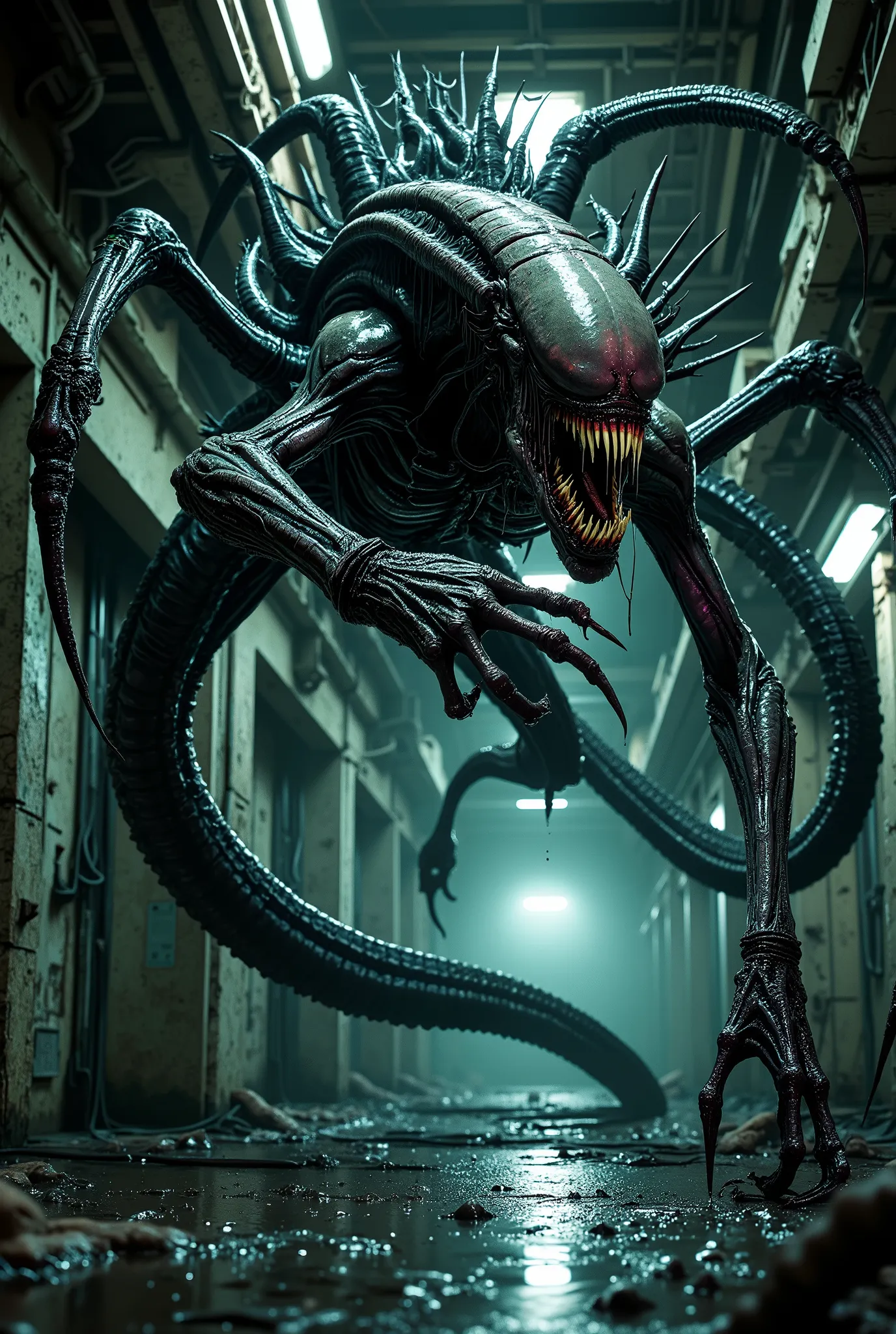Extreme distortion of wide-angle perspective, low angle, looking up, 8k resolution,airwoodartai. The final full—length antagonist is a huge terrifying xenomorph covered in vile slime, an alien monster inspired by the aesthetics of Alien. The double-jawed m...