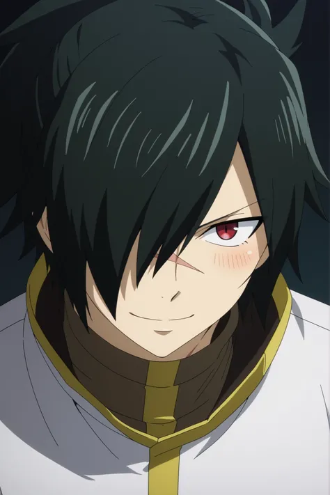 rogue_cheney, black hair, red eyes, hair over one eye, scar tattoo close-up, official style, anime screencap, 8K, extremely detailed, 1boy, solo, looking at viewer, black background , shadow , dynamic angle , dynamic action , atmospheric perspective , intr...