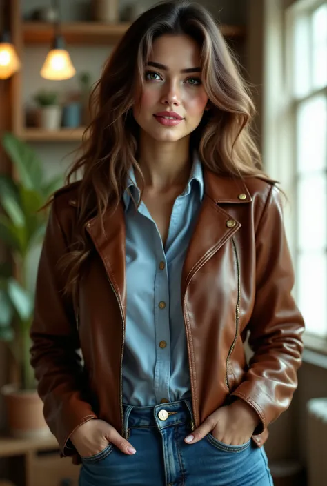 A stunning woman with hourglass figure, long brown hair and light skin, wearing a brown leather jacket over a light blue shirt and jeans, she is happy. standing in room