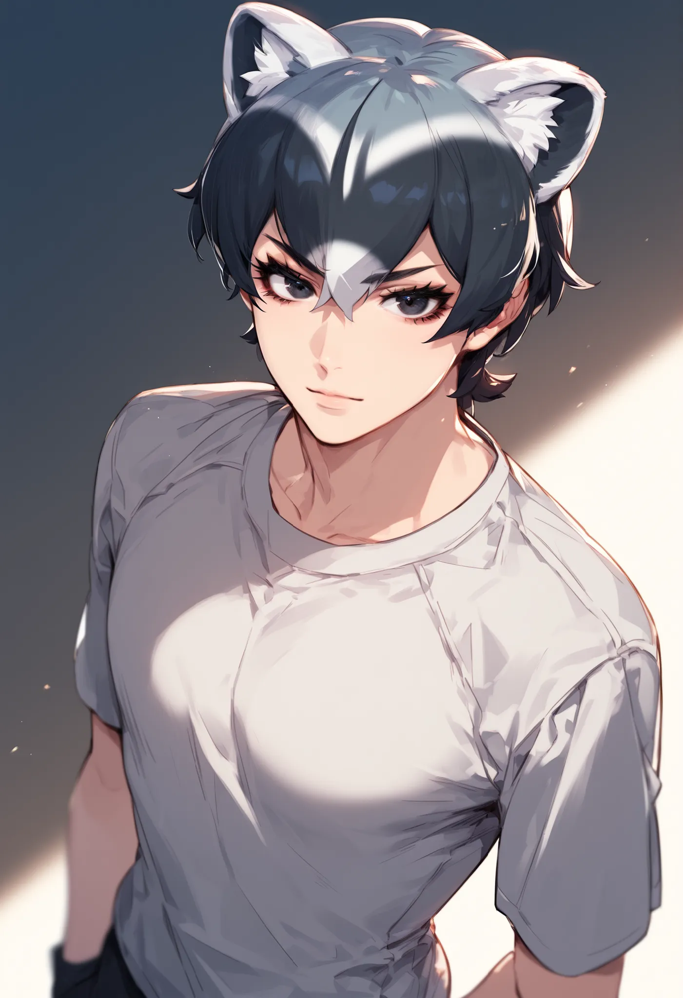 1boy, looking at viewer, facing viewer, cowboy shot angle, best quality, highly detailed, eyelashes, curvy male body, Common Raccoon (Kemono Friends), raccoon ears, black eyes, bangs, raccoon tail, black hair, black gloves, emo fashion, lean, twink,