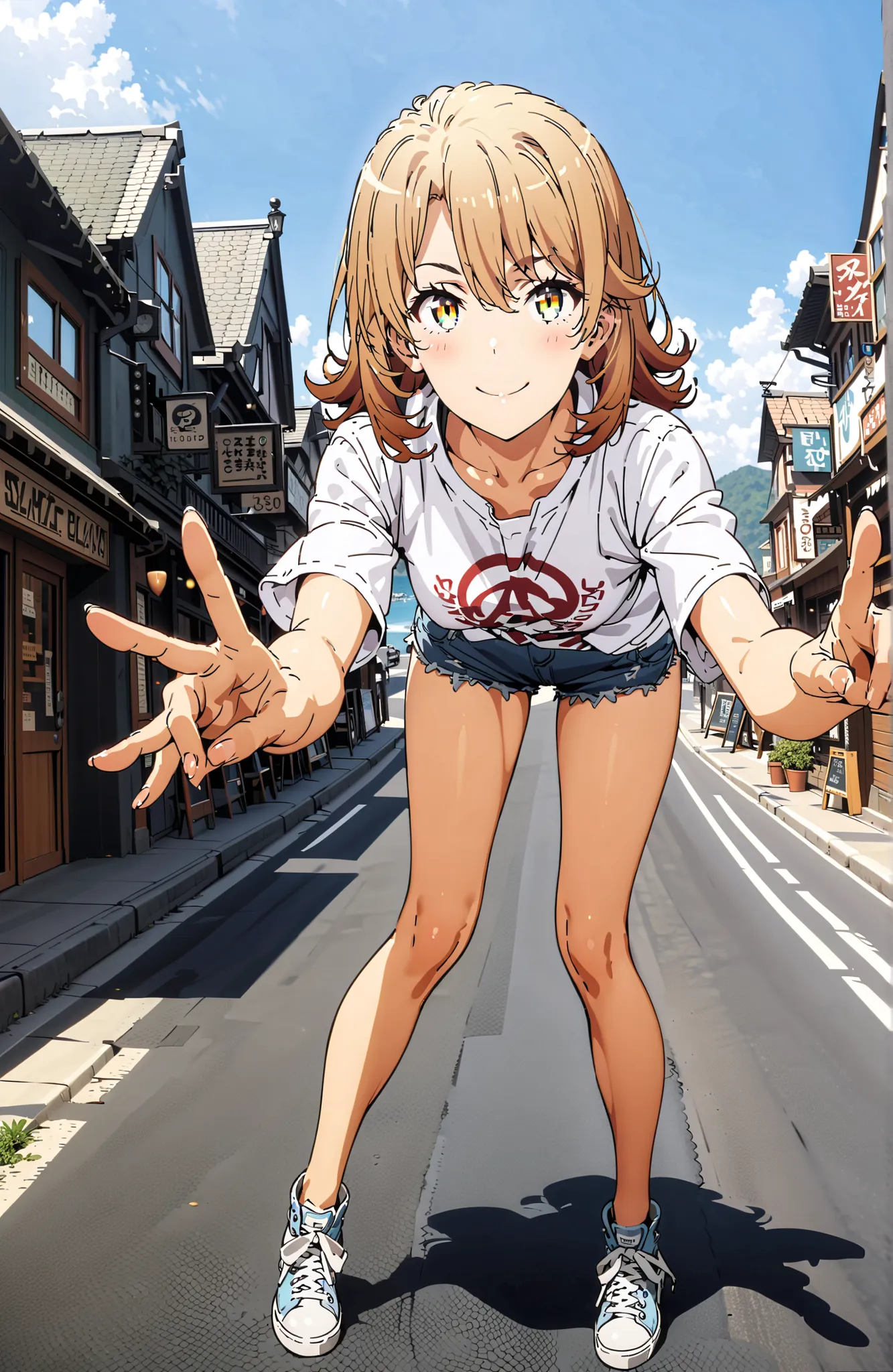 Iroha Isshiki,half up do,short hair,oversized t-shirt,denim micro shorts,Bare legs,sneakers,Baseball hats,standing,bending forward,peace sign,smile,blush,grinning,Beautiful Scenery, Beautiful Streetscapes,Daytime summer,,in their 40s outdoors,Coastal Road,...
