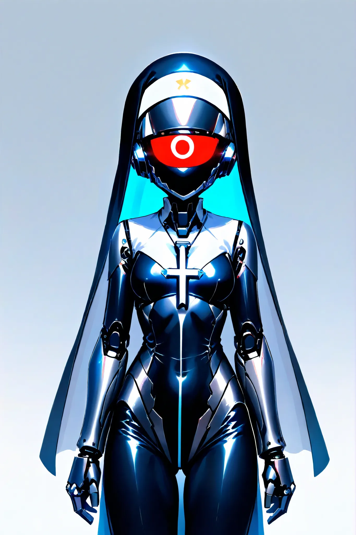 head: Instead of a human head, has a smooth metallic dome with a single bright red eye in the center, Cyclops type, that moves like a swivel camera. The surface is burnished titanium, with digital inscriptions that flash softly.
Body: With a thin but firm...