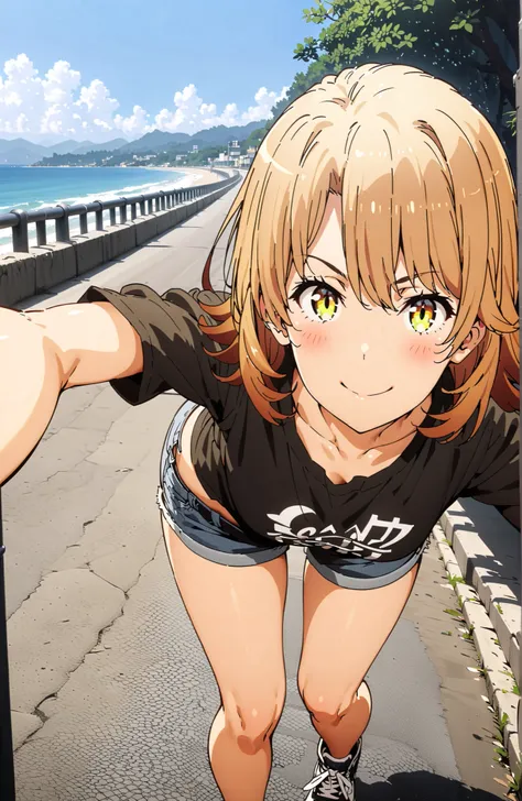 Iroha Isshiki,half up do,short hair,oversized t-shirt,denim micro shorts,Bare legs,sneakers,Baseball hats,standing,bending forward,peace sign,smile,blush,grinning,Beautiful Scenery,noon,summer,,in their 40s outdoors,Coastal Road,strand,
in their 40s lookin...