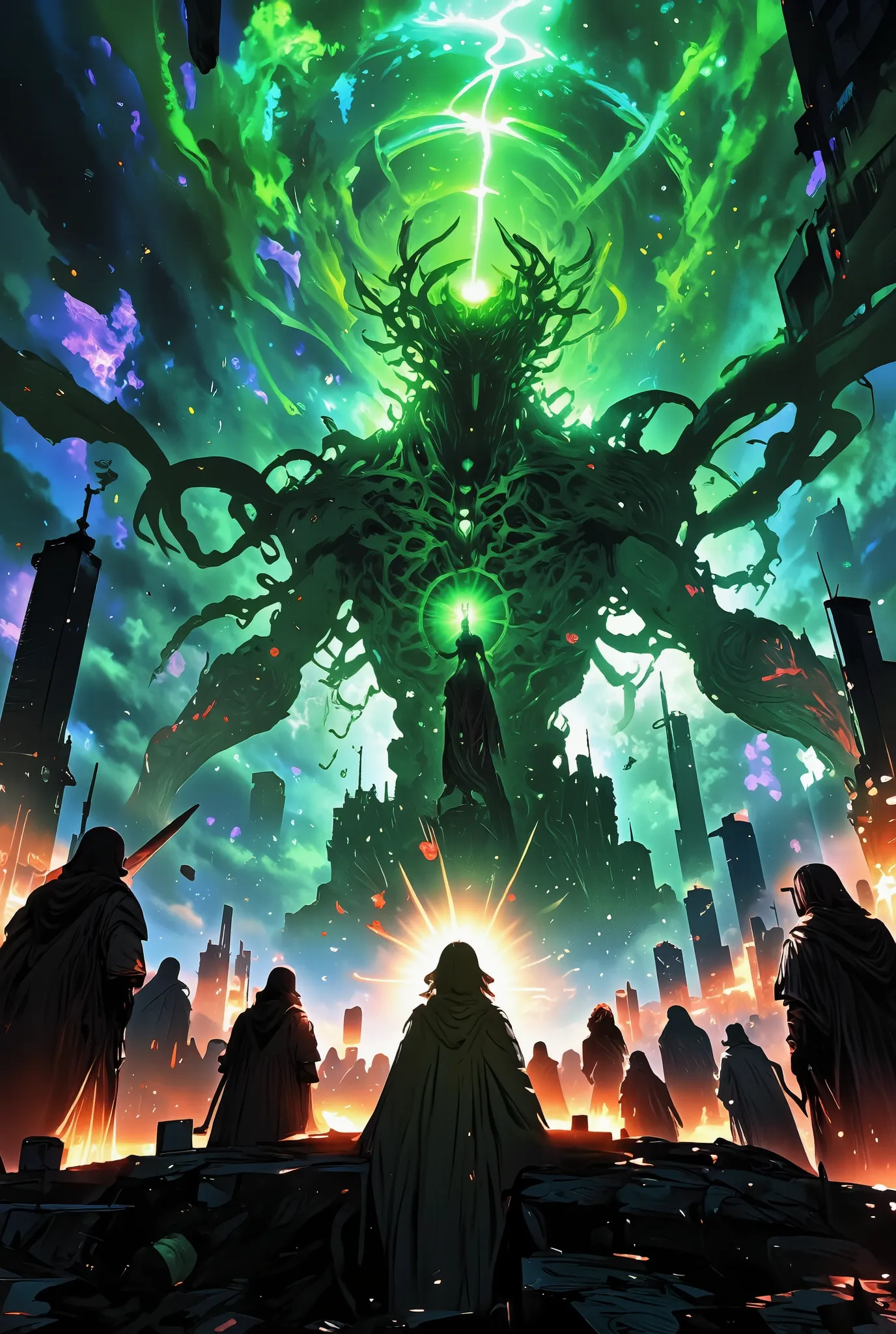 The giant monster looms over the mega city, The giant monster has an octopus-like head, countless tentacles growing from its mouth, bat wings growing from its back, its entire body is green, The monster is Cthulhu, The worshipers are singing at the monster...