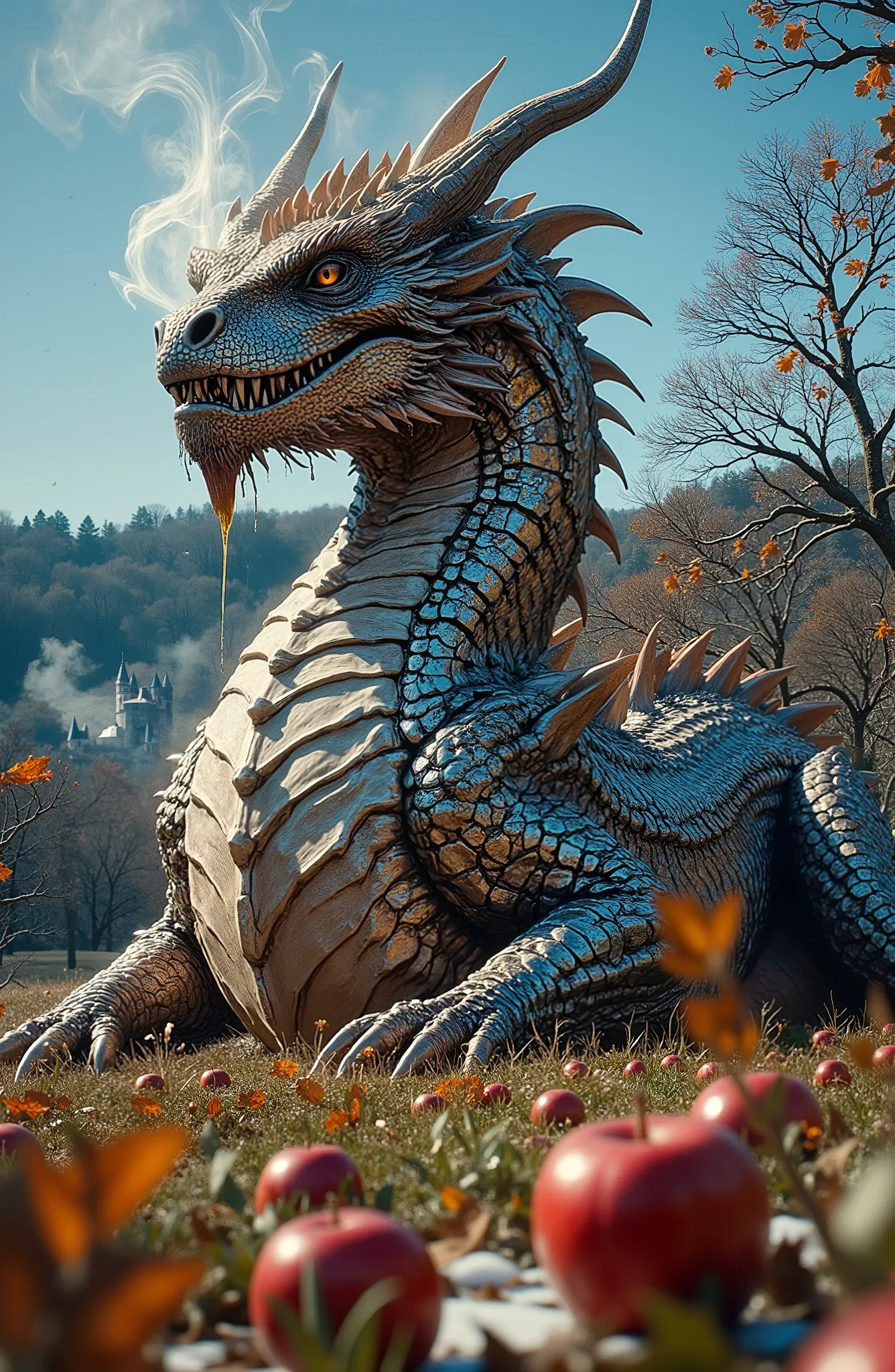 Low angle, looking vertically up at the figure of the huge final antagonist in full growth — a huge terrifyingly beautiful fantastic dragon covered with iridescent mirrored holographic scales, brightly shimmering in the sun. He is depicted in an orchard in...