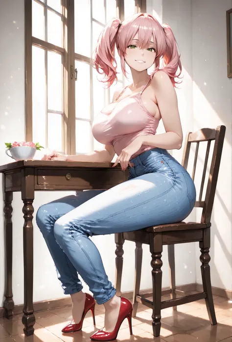 (Masterpiece, high quality, best quality, vibrant lighting, absurdres, masterful colouring, detailed_eyes:1.3, perfect shadows), 1girl, voluptuous body, hugh breast, long legs, green eyes, long pink hair in twin tails, short jeans, blue crock top, red heel...