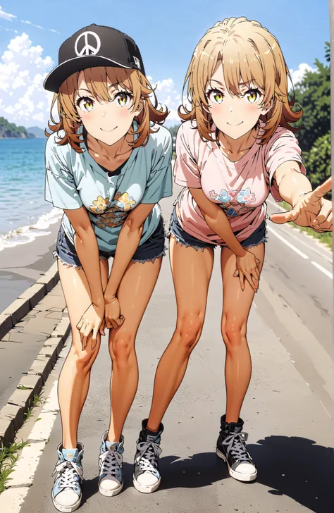 Iroha Isshiki,half up do,short hair,oversized t-shirt,denim micro shorts,Bare legs,sneakers,Baseball hats,standing,bending forward,peace sign,smile,blush,grinning,Beautiful Scenery,noon,summer,,in their 40s outdoors,Coastal Road,strand,
in their 40s lookin...