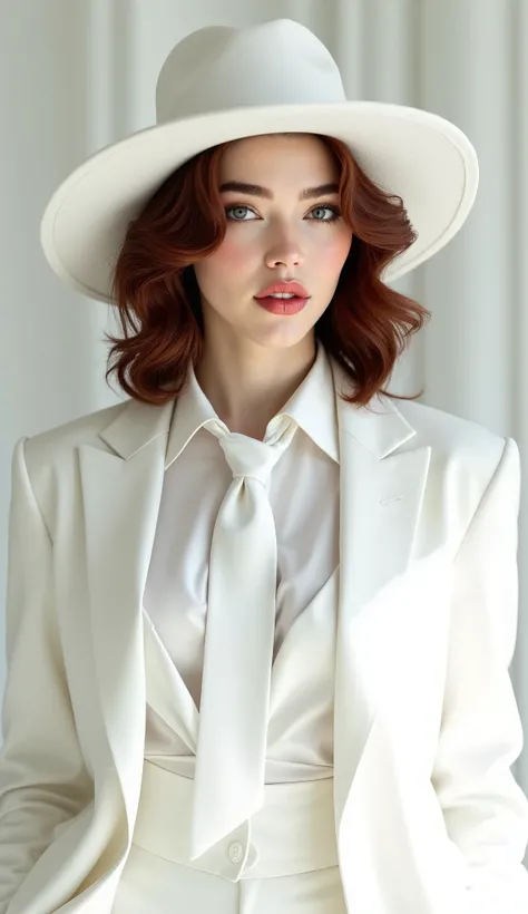 photorealistic, woman with auburn hair wearing a white satin blouse with a white neck tie, paired with a white vest and white blazer, white wide brim hat, white pantalon, female dandy