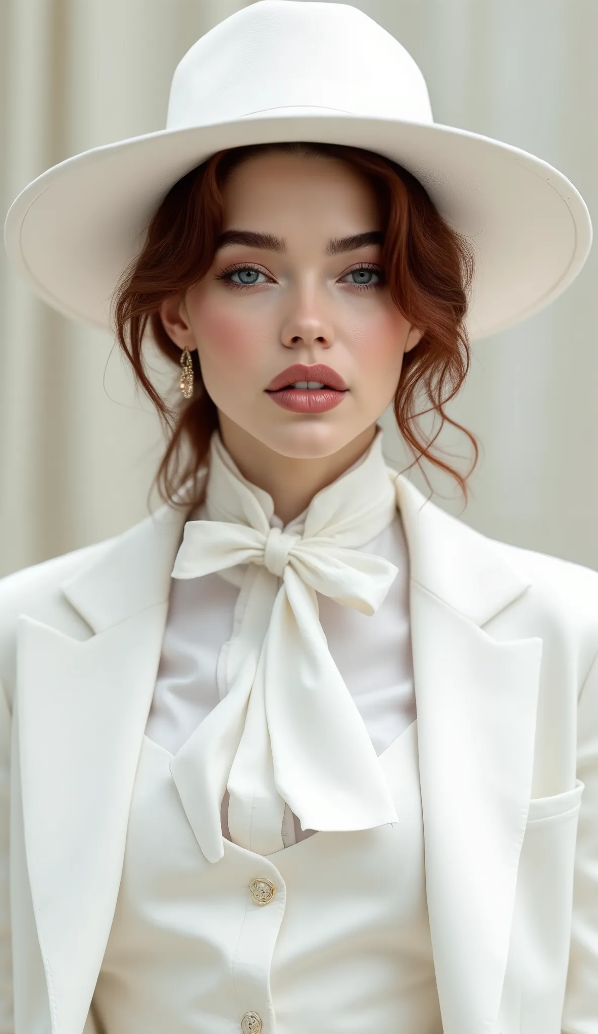 photorealistic, woman with auburn hair wearing a white satin blouse with a white neck tie, paired with a white vest and white blazer, white wide brim hat, white pantalon, female dandy
