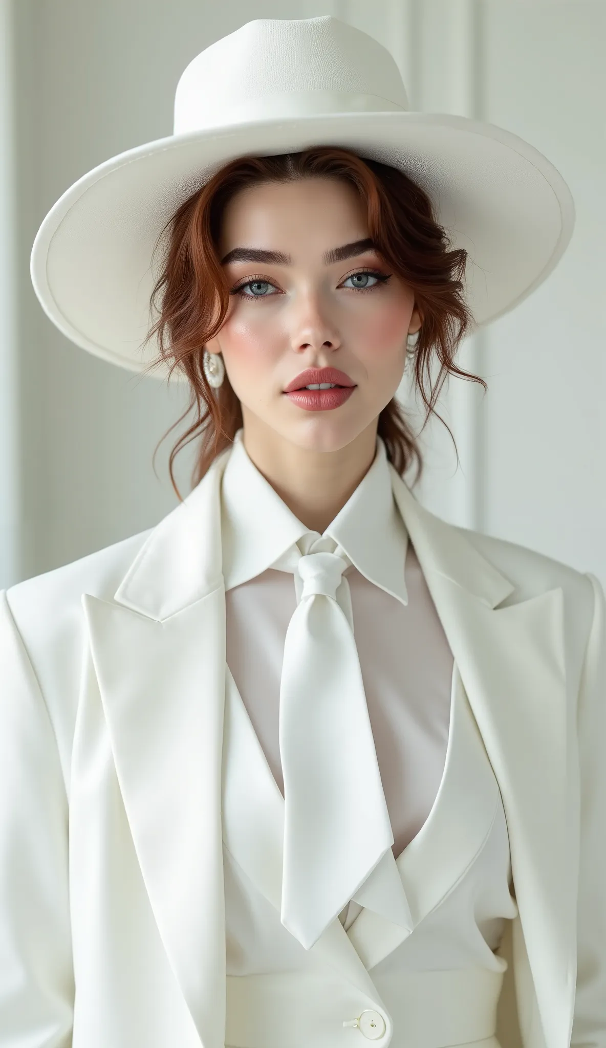 photorealistic, woman with auburn hair wearing a white satin blouse with a white neck tie, paired with a white vest and white blazer, white wide brim hat, white pantalon, female dandy