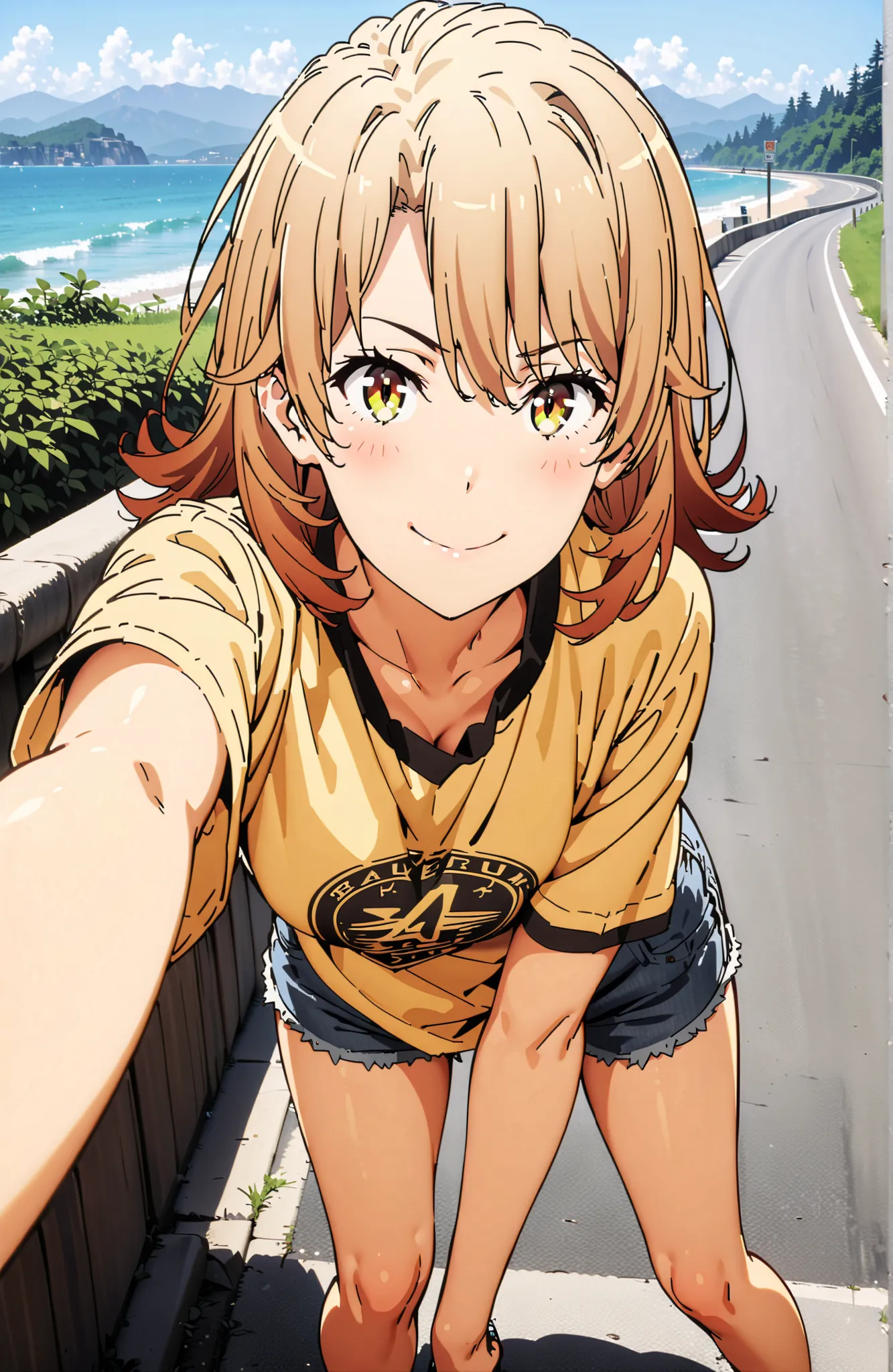 Iroha Isshiki,solo, Hair,half up do,short hair,brown eyes in the bedroom,oversized t-shirt,denim micro shorts,Bare legs,sneakers,Baseball hats,standing,bending forward,peace sign,smile,blush,grinning,Beautiful Scenery,noon,summer,,in their 40s outdoors,Coa...