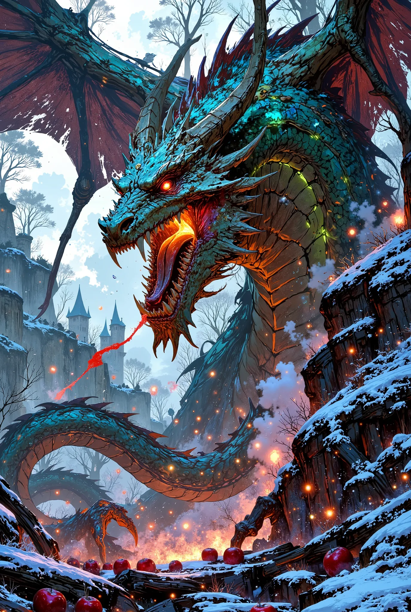 Low angle, looking vertically up at the figure of the huge final antagonist in full growth — a huge terrifyingly beautiful fantastic dragon covered with iridescent mirrored holographic scales, brightly shimmering in the sun. A drunken, satisfied dragon eat...