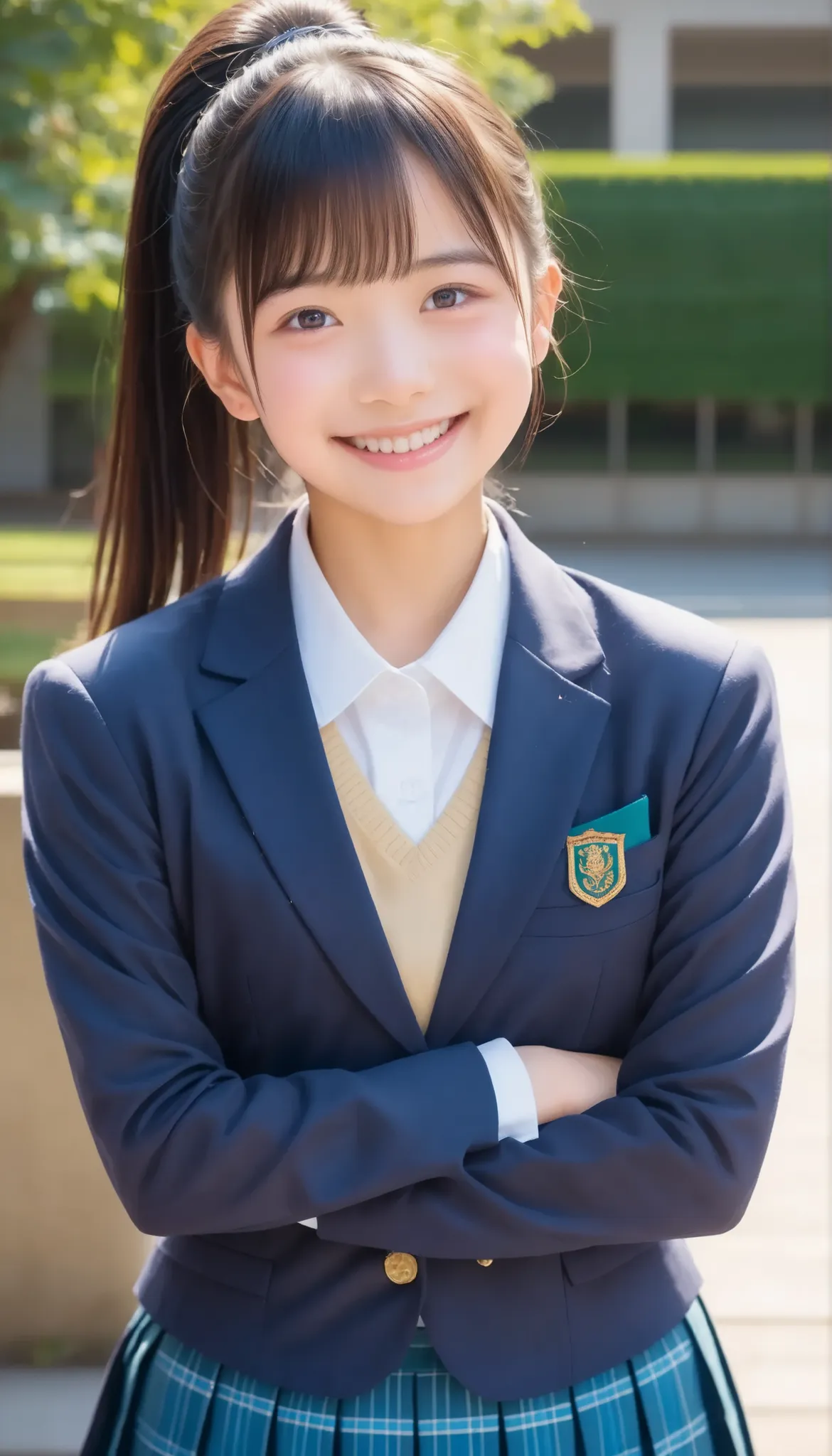 score_9,score_8_up,score_7_up,Super Detail,absolute resolution, detailed and beautiful face and eyes,hyperreal,beautiful girl,black hair,high ponytail,realistic wheat skin,has an embarrassing smile,schools uniform,blazer, pleated skirt on a curry plate, in...