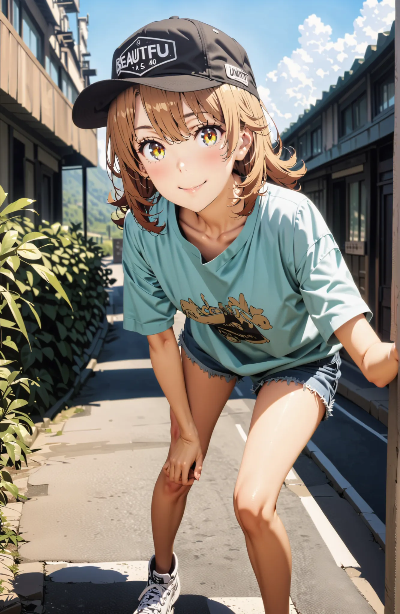 Iroha Isshiki,solo, Hair,half up do,short hair,brown eyes in the bedroom,oversized t-shirt,denim micro shorts,Bare legs,sneakers,Baseball hats,standing,bending forward,peace sign,smile,blush,grinning,Beautiful Scenery,noon,summer,,in their 40s outdoors,Coa...