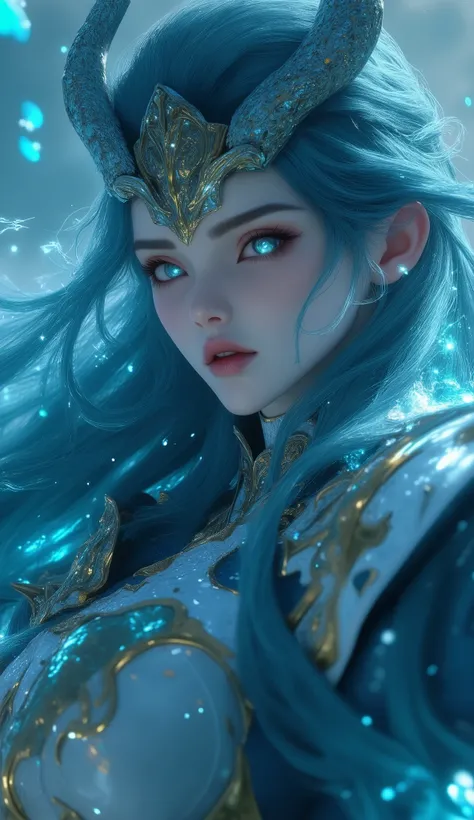 1girl, beautiful detailed eyes, beautiful detailed lips, extremely detailed face and eyes, long flowing blue hair, hair blowing in the wind, commanding an army, realistic Leviathan armor, trident, 3d anime style, sea monster army, best quality, 4k, 8k, hig...