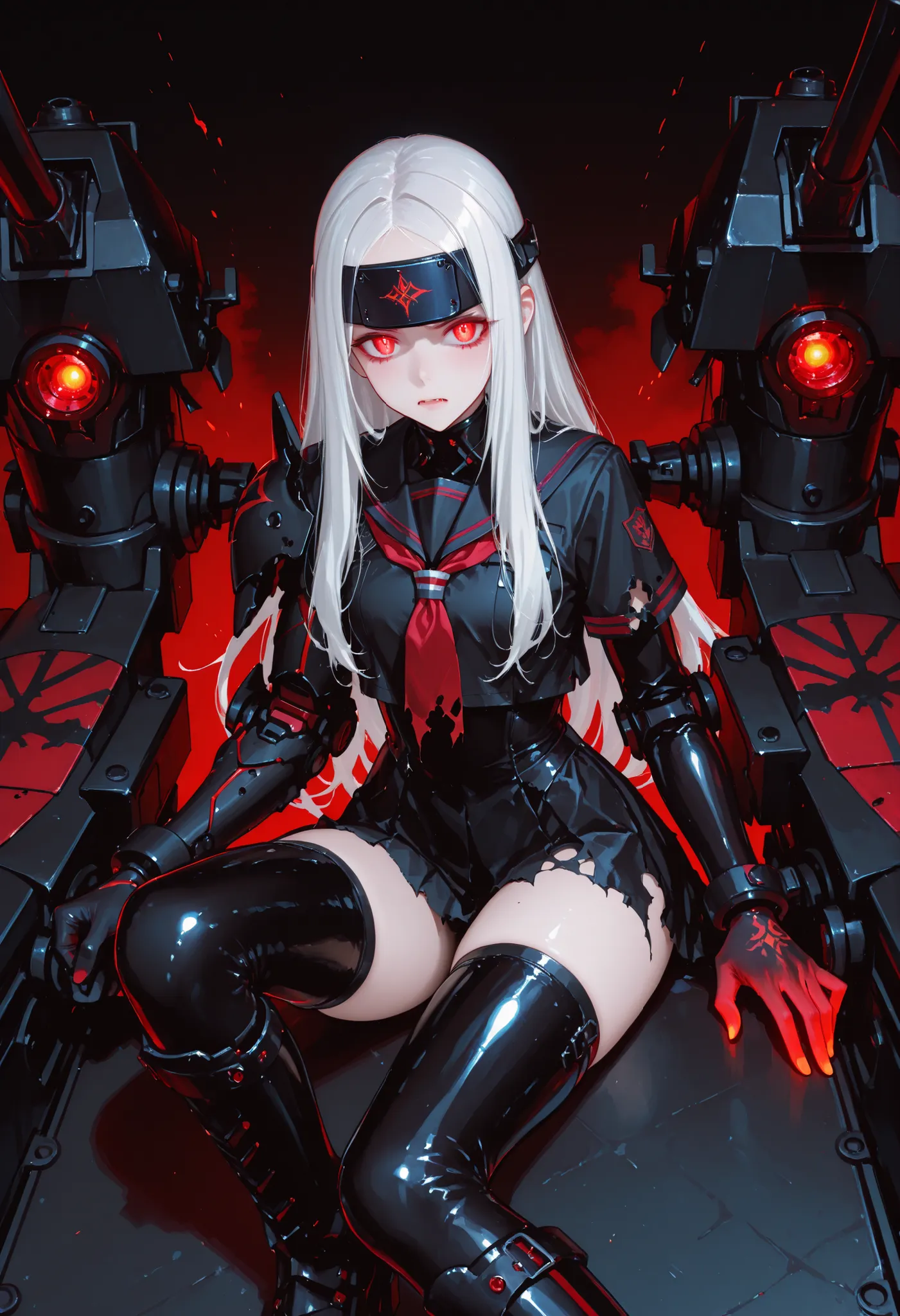 A girl in a black sailor uniform. White hair. Long hair. Forehead protector. Glowing red eyes. Darkly discolored hands. Black armored arms. Asymmetrical arms. Oversized latex boots. Torn costume. Sit on a small battleship. Mechanical monster fangs. Cannon ...